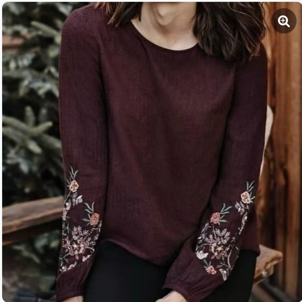 EUC J JILL EMBROIDERED BEADED FLORAL LONG SLEEVE TOP SZ LP
